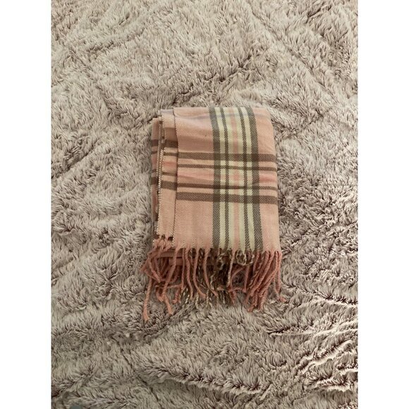 Plaid Cashmere & Viscose Scarf 66..5 “ x 12 “ . Pink, brown, white & blue‎ - Picture 7 of 7